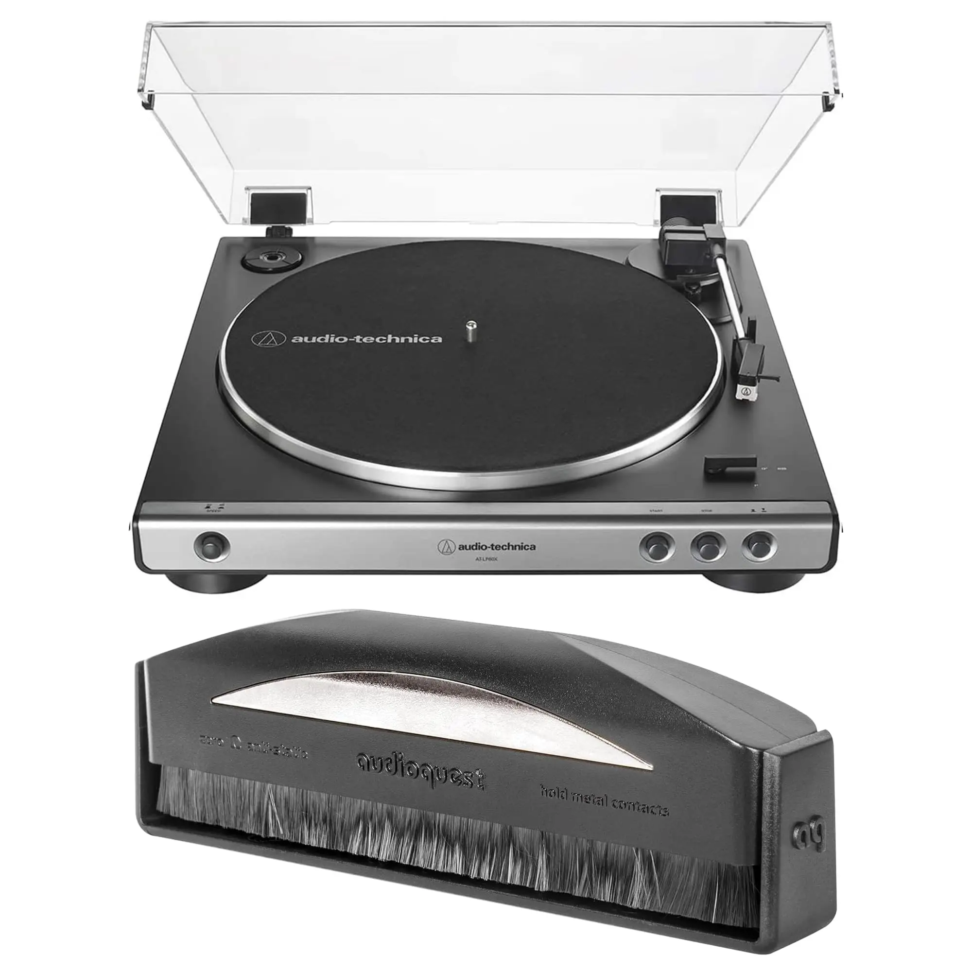 Audio-Technica AT-LP60X-GM Fully Automatic 2-Speed Belt-Drive Turntable with an AudioQuest AQSLVRRECBRUSH Silver Anti-Static Record Brush (2018)