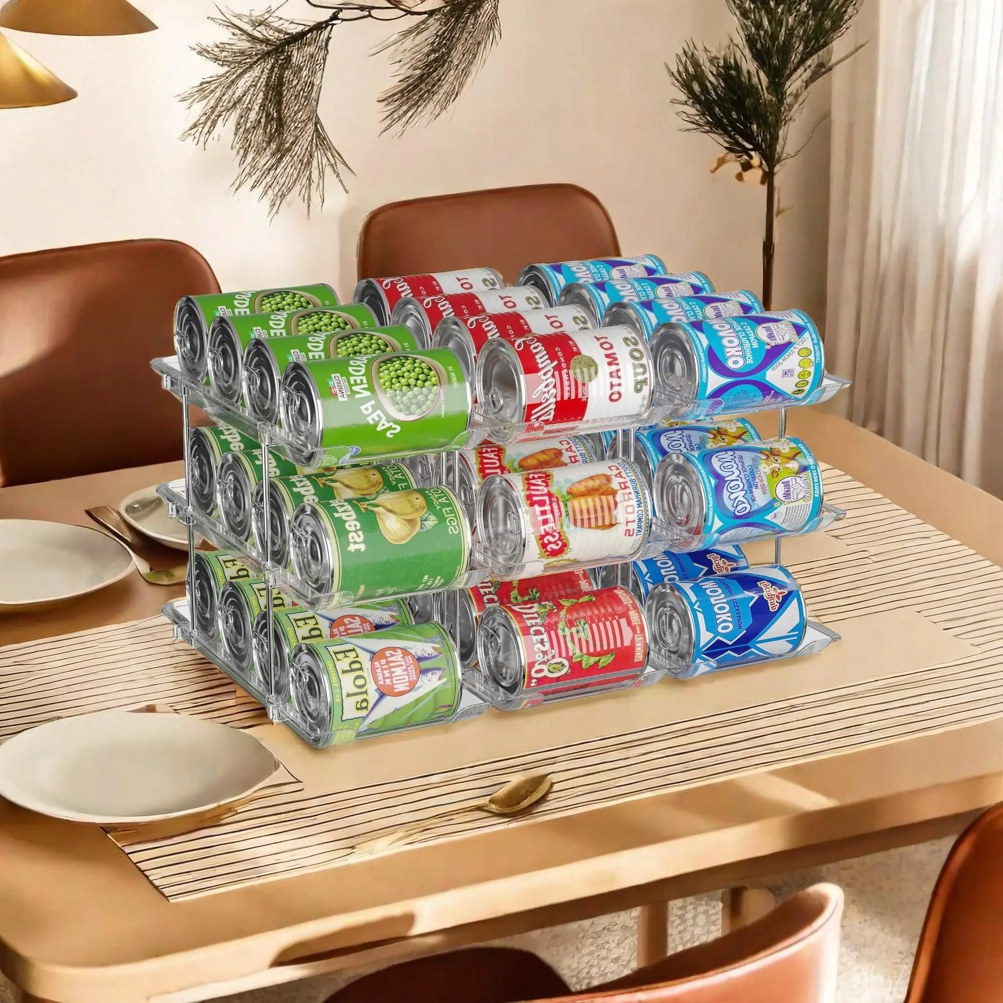 Natural Summertime 4-Tier Adjustable Polypropylene Modular Can Organizer Set - Scratch Resistant, with Compartments, Height & Width Adjustable Rollers, Holds Up to 48 Cans for Kitchen Cabinet, Pantry/Fridge