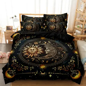 3pcs Sun And Moon Celestial Digital Print Duvet Cover Set, 100% Polyester, Machine Washable, Breathable Fabric Fit For All-Season , Includes 1 Duvet Cover 2 Pillowcases (No Insert) - Golden Astrological Design, Christmas Present, Decorative Duvet Cover