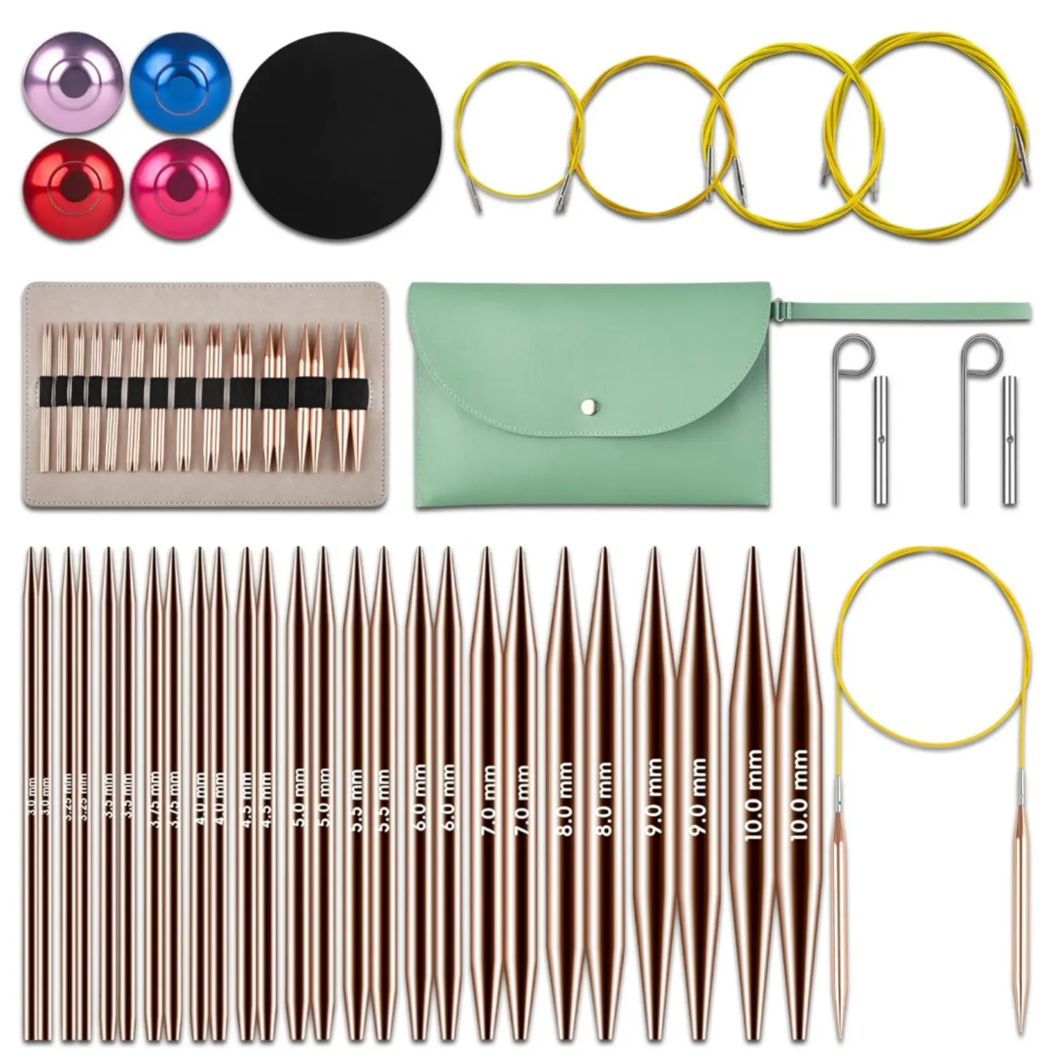 Rose Gold Aluminum Interchangeable Circular Knitting Kit - 40Pcs Set with 13 Pairs (3mm-10mm) Needles, 4 Flexible Cables, Ergonomic Design for Beginners - Ideal for Socks, Blankets (Home Improvement, Building Supplies), 40 Pieces