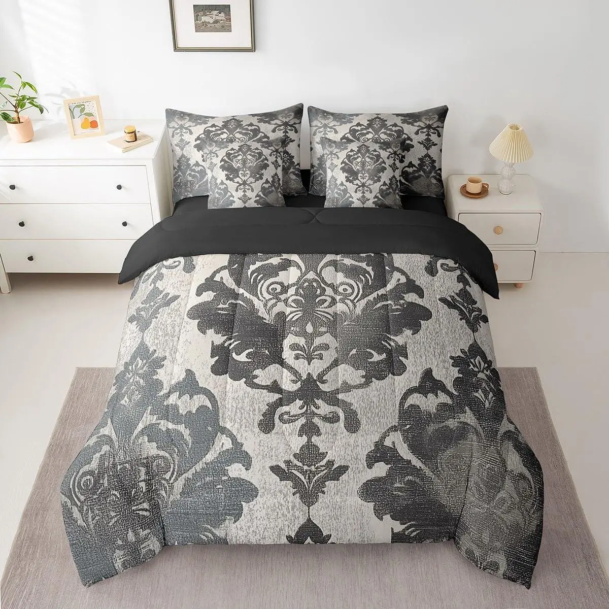 Grey Black Damask Comforter Set with Sheets Gothic Antique Victorian Baroque 7 Piece Bedding Set for Girls Women Vintage Floral Bed in a Bag