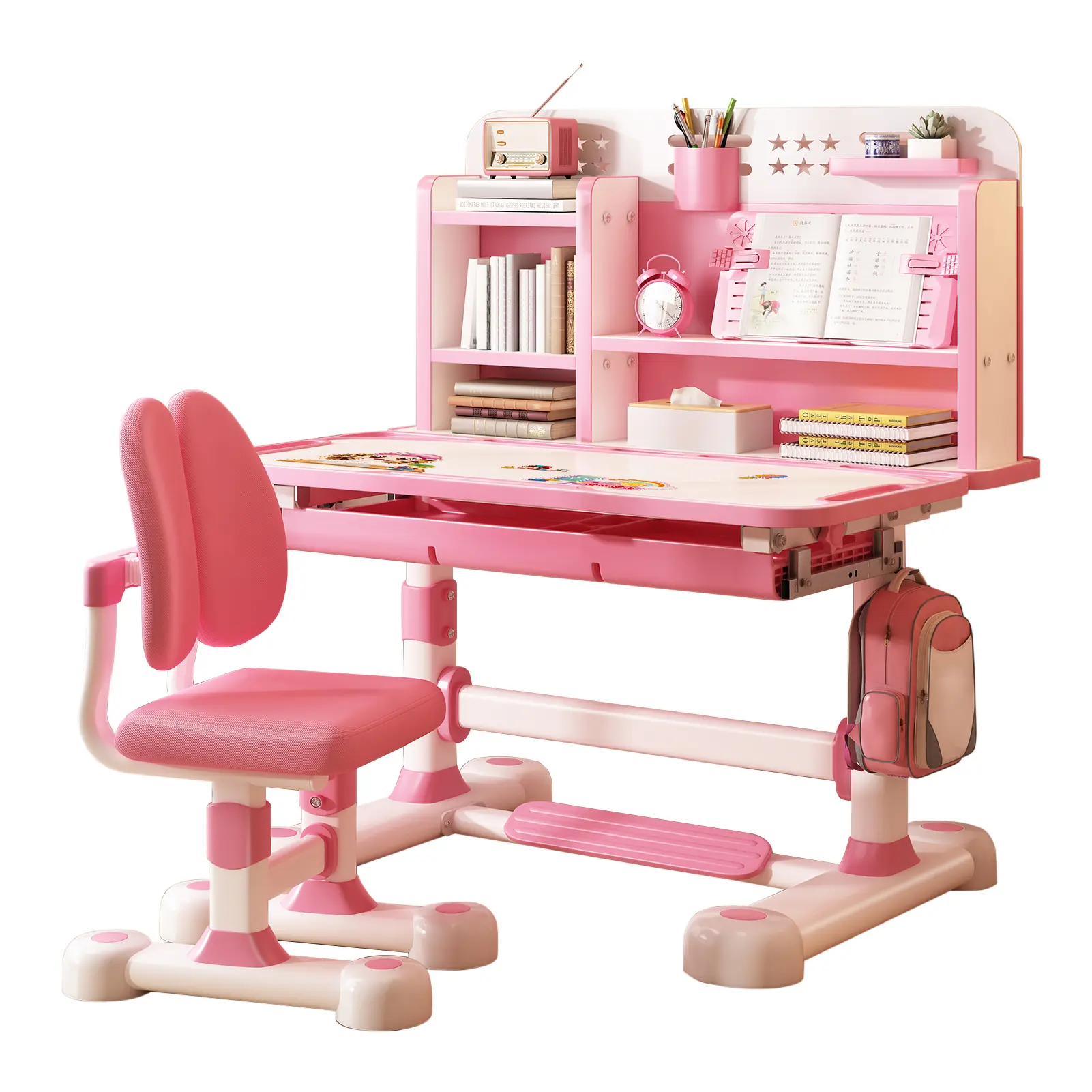 2Pcs/Set Kids Study Desk Chair Set, Height Adjustable Children School Study Table Chair Set with Sitting Corrector, Ergonomic Desk Chair with Book Stand, Foot Pedal, Partition Design (Pink, Blue)