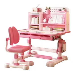 2Pcs/Set Kids Study Desk Chair Set, Height Adjustable Children School Study Table Chair Set with Sitting Corrector, Ergonomic Desk Chair with Book Stand, Foot Pedal, Partition Design (Pink, Blue)