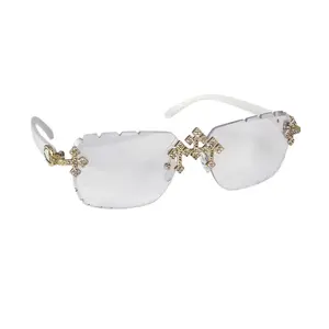 MaxBling81 Moissanite Triple Cross Unisex Modern Trendy Sunglasses, 5.5in White PC-Plastic Frame, Rimless UV Protection Clear Lenses, FDA Approved Fashion Eyewear