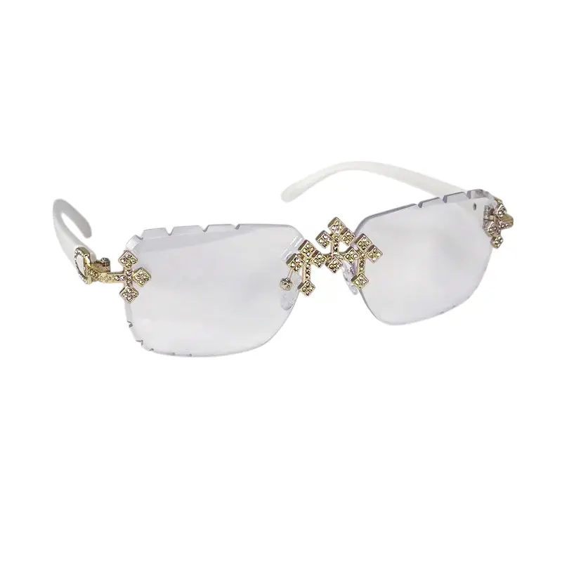 MaxBling81 Moissanite Triple Cross Unisex Modern Trendy Sunglasses, 5.5in White PC-Plastic Frame, Rimless UV Protection Clear Lenses, FDA Approved Fashion Eyewear
