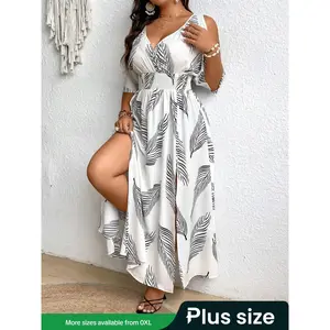 Plus Size All Over Print Split Hem Dress, Casual Cold Shoulder Dress for Summer, Women’s Clothing for Daily Wear, Women’s Dresses, Womenswear, Plus Size Tummy-Flattering Dresses, Summer Dresses, Casual Loose Dress