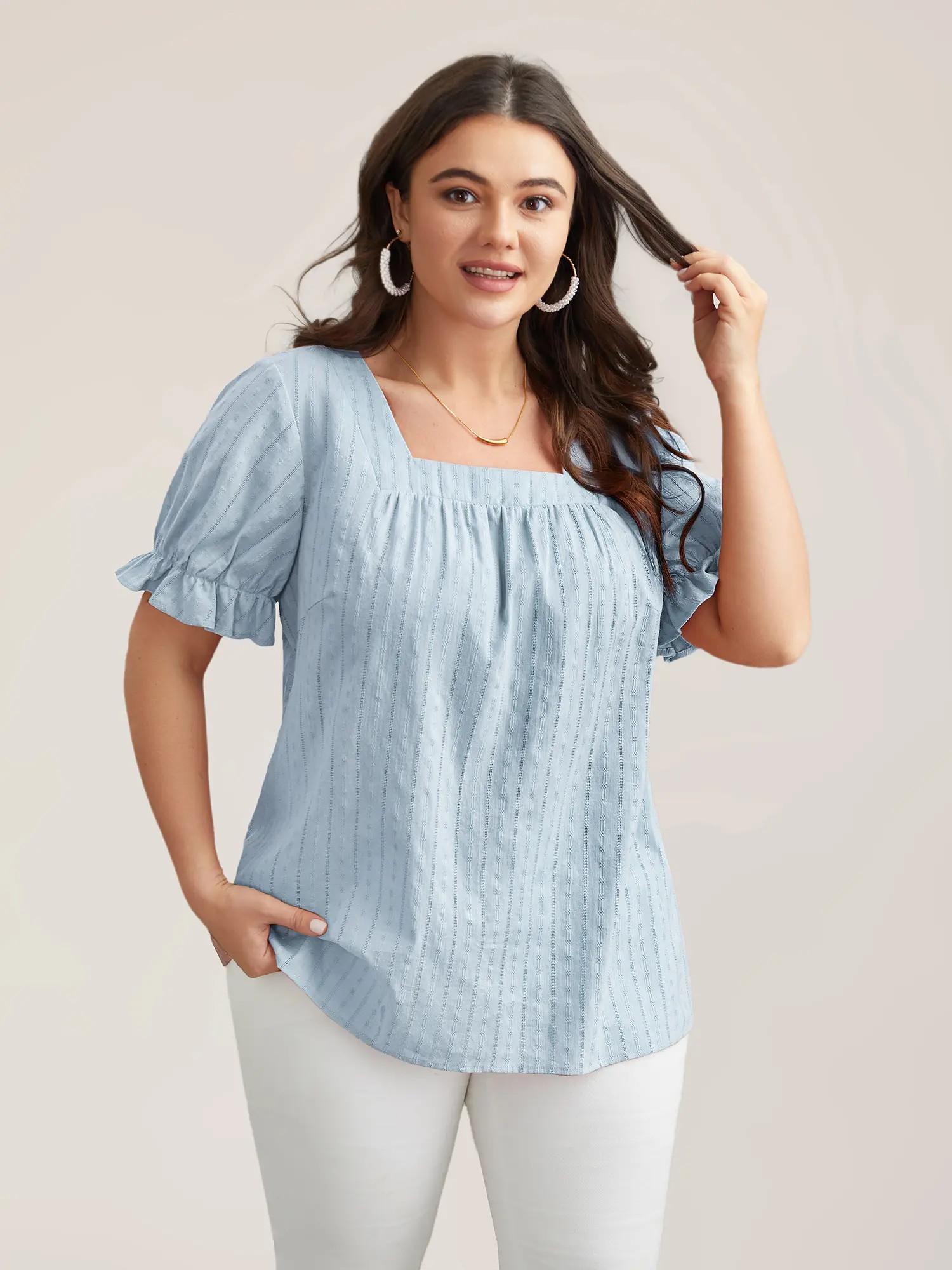 BloomChic Plus Size Top in Elegant Solid 100% Cotton with Gathered Texture, Ruffled Square Neck & Lantern Sleeves, Spring Modest Fashion Inspiration, Casual Cotton Top, Plus Size Fashion