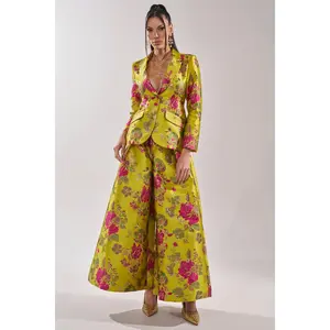 BUY MYSELF FLOWERS BROCADE TROUSER IN LIME