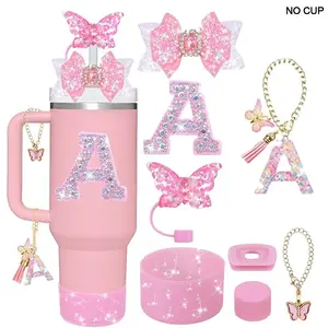Letter A-z Butterfly Glitter Aesthetic Water Bottle Accessories Set, Including Tumbler & Chain & Keychain & Hair Tie & Bracelet & Sticker, Drinkware Accessories, Mug, Drink Protector, Drinking Gadgets