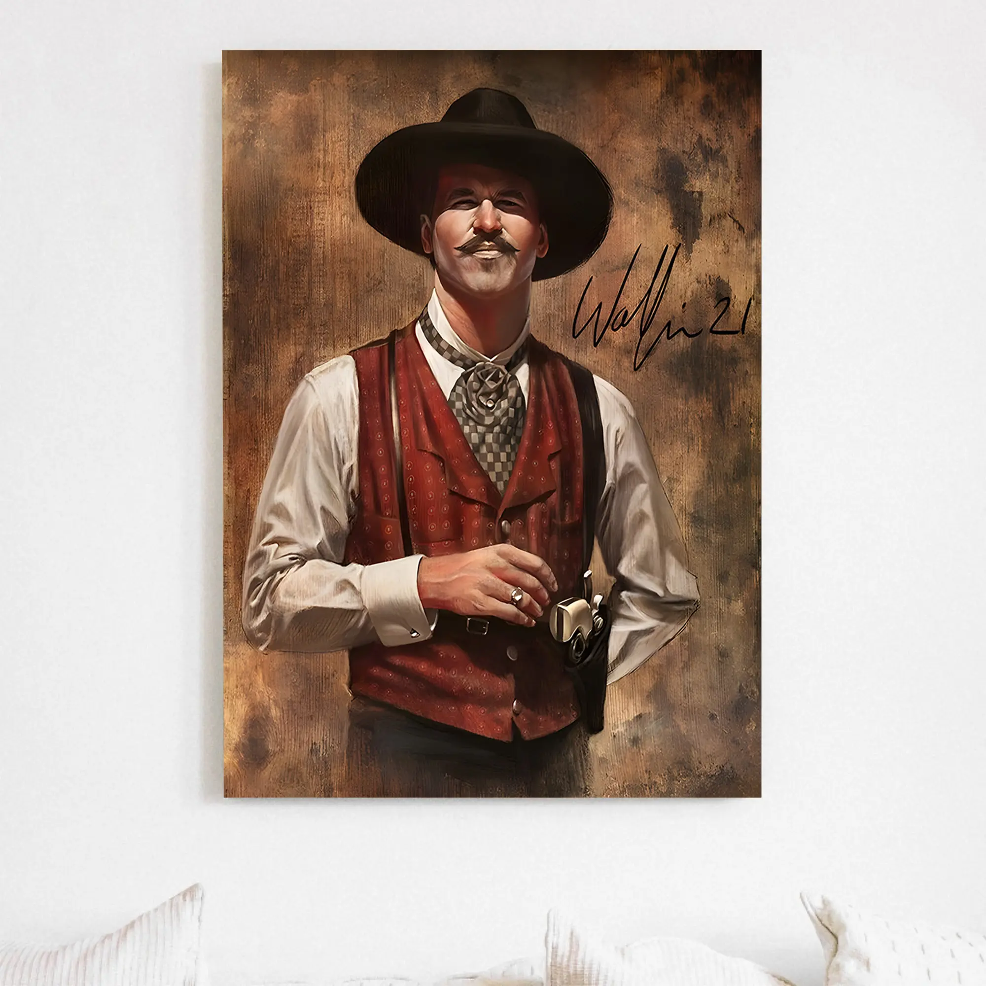 Vintage Doc Holliday Val Kilmer Autographed Unframed Poster - Artistic Western Cowboy Graphic Print Paintings, Waterproof Home Decor for Bedroom, Kitchen, Wardrobe, PVC Tube Packaged, Polka Dot & Houndstooth Accents, Unframe-Style