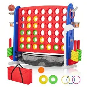 Giant 4 In A Row Game,3-Level Height Adjustable 4-To-Score Giant Game Set With Golf,Basketball & Ring Toss,Great For Family And Holiday Party
