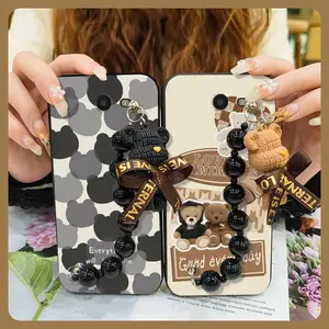 cute Back Cover Phone Case For Samsung Galaxy J7 2017 US/J720 Skin-friendly feel Dirt-resistant silicone Cartoon Bear bracelet Simplicity Black pearl pendant Anti-knock