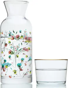 Bedside Water Carafe and Glass Set - 23 oz Floral Pitcher with Cup for Nightstand -  Decanter for Hydration -  for Home Decor