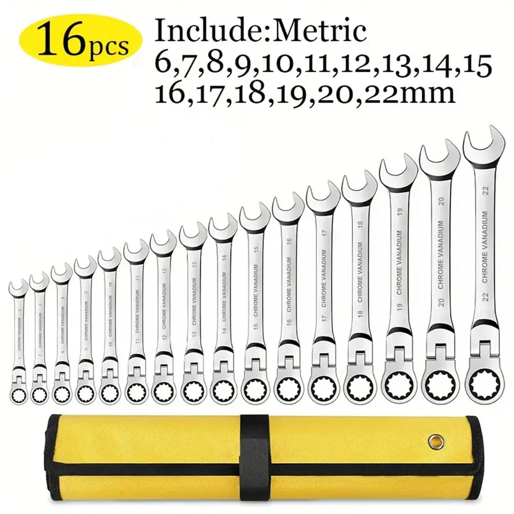 16pcs flexible head/ratcheting wrench set, including several large-sized wrenches, made of chrome vanadium steel, metric sizes 6-22mm, 72-tooth open-end wrenches, mirror polished chrome finish, and includes a roll-up storage bag.tools and gadgets for him
