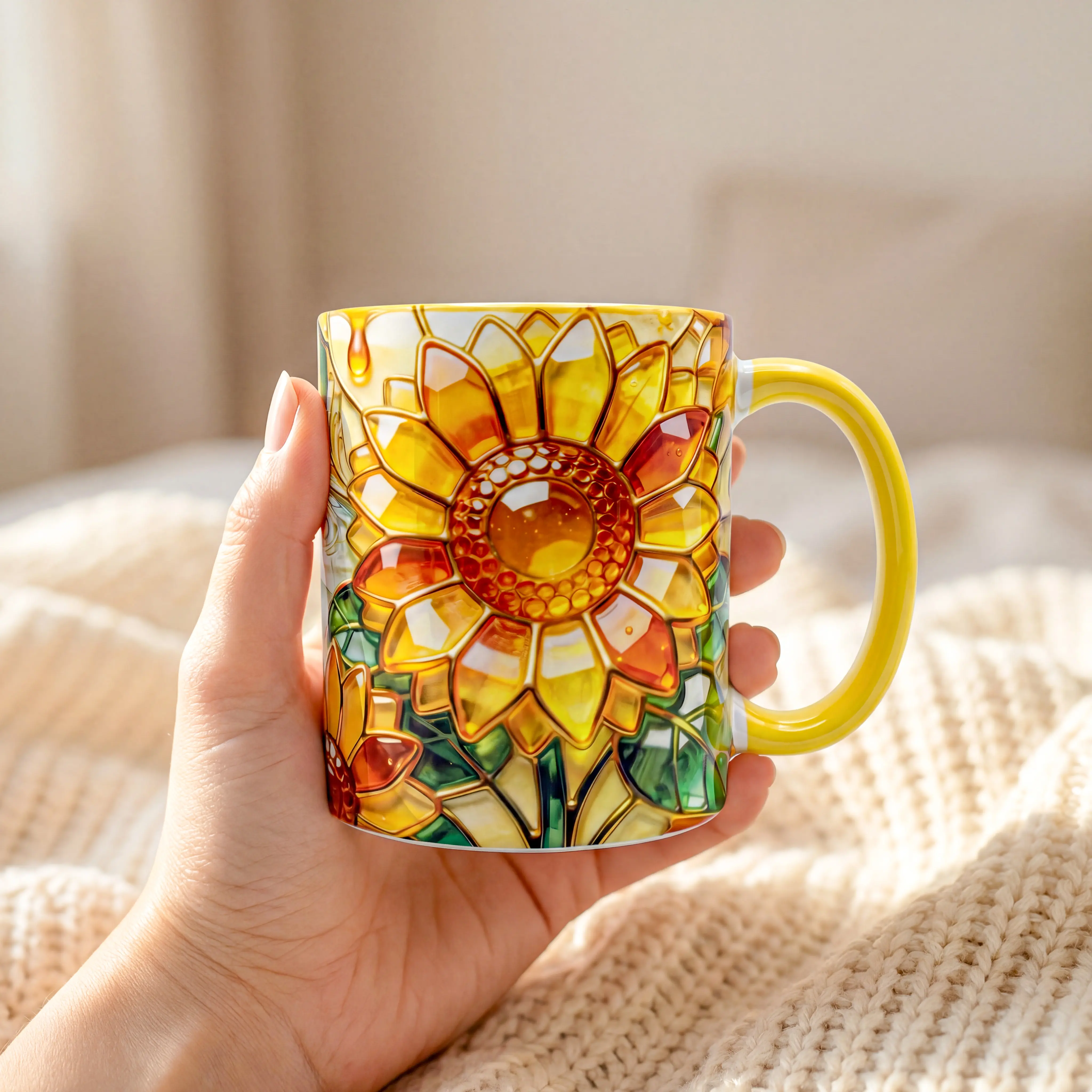 Oshun Sunflower Coffee Mug 11oz – Stained Glass Art | Orisha Love & Prosperity Goddess Gift | Spiritual Sunflower Mug
