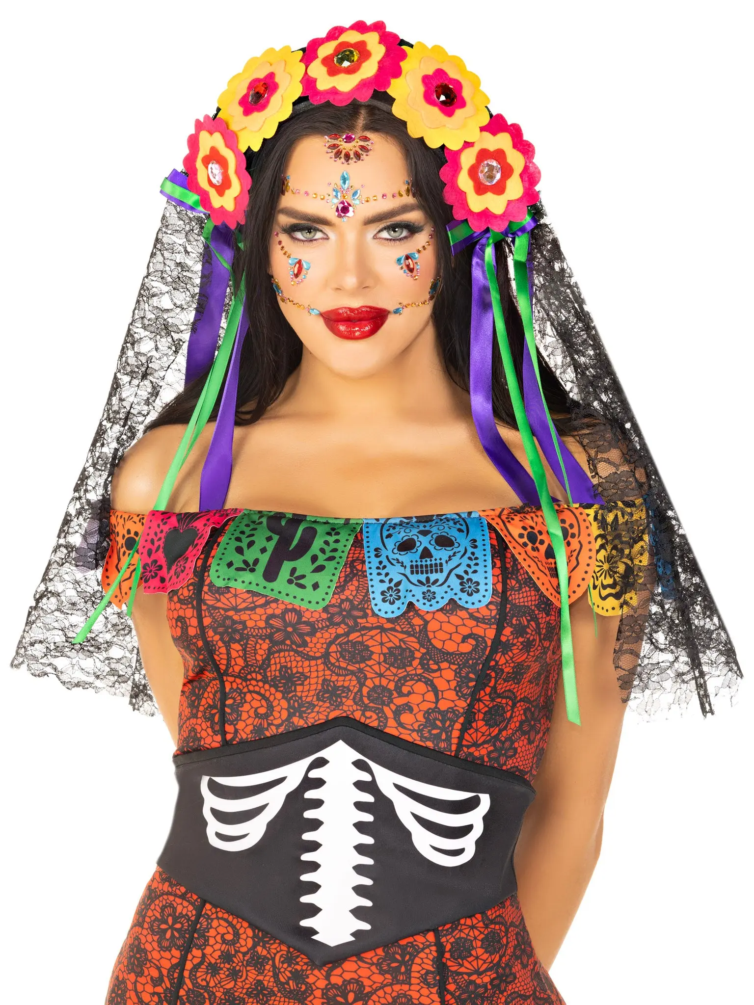 Sugar Skull Flower Crown with Colorful Felt Flowers, Lace Veil & Satin Ribbons for Day of the Dead Halloween Costume, Fits Most Adults, Matching, Wrap, Accessories, Basic, One-Of-A-Kind Look