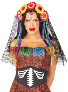 Day of the Dead Felt Flower Crown with Long Lace Veil for Teens & Adults, Floral Halloween Costume Accessory