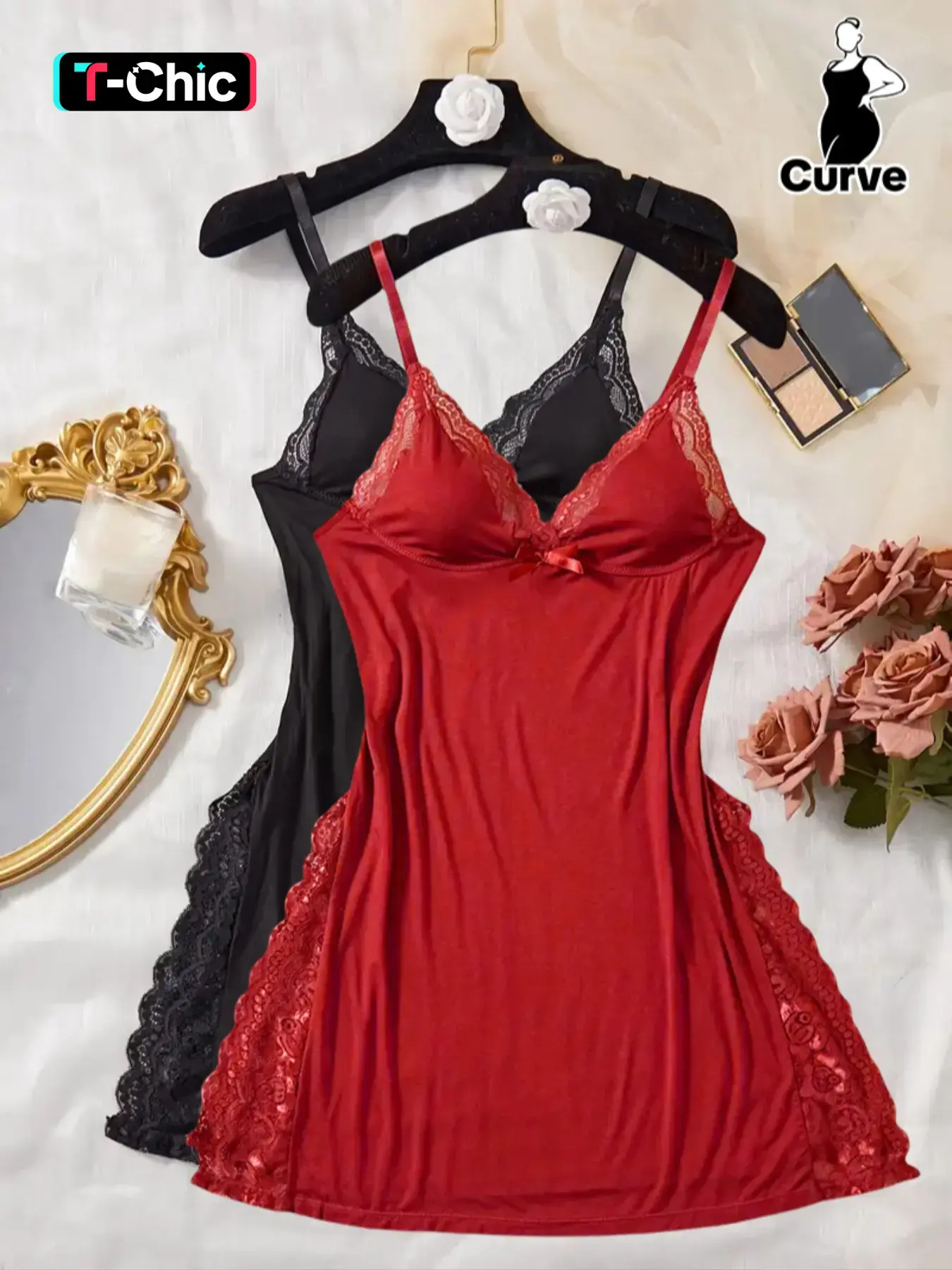 Plus Size Contrast Lace Split Thigh Cami Nightdress, Casual Soft Comfortable Modal Sleeveless Spaghetti Strap Nightgown for Women, Women's Sleepwear & Loungewear for All Seasons