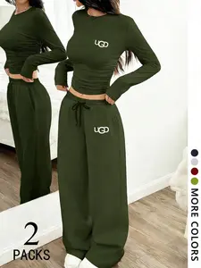 Women's Two-Piece Set, European Style Casual Round Neck Long Sleeve Top, Straight Leg Pants, Comfortable Fabric, Fit, Perfect for Daily Wear, Travel, Shopping, Sleep, Fashion