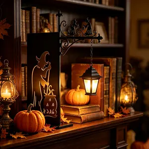 2026 New Halloween Edition Witch Hanging Library Lantern, Mini Vintage LED Warm Night Light, Black Metal Bookshelf Decor Lamp, Literary Reading Nook Accent Light, Spooky Fall Halloween Home Decor Ornaments
