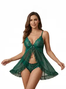Women Sexy Lingerie Open Front Babydoll Dress Lace Chemise Sleepwear Mesh Nightgown with Thong Bodysuits Teddy