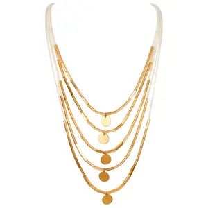 OIDEA Bohemian Multilayer Fringe Necklace for Women, Brass Wax Cord Disc Charm 31.5 Inch with Extender, Statement Boho Tassel Jewelry