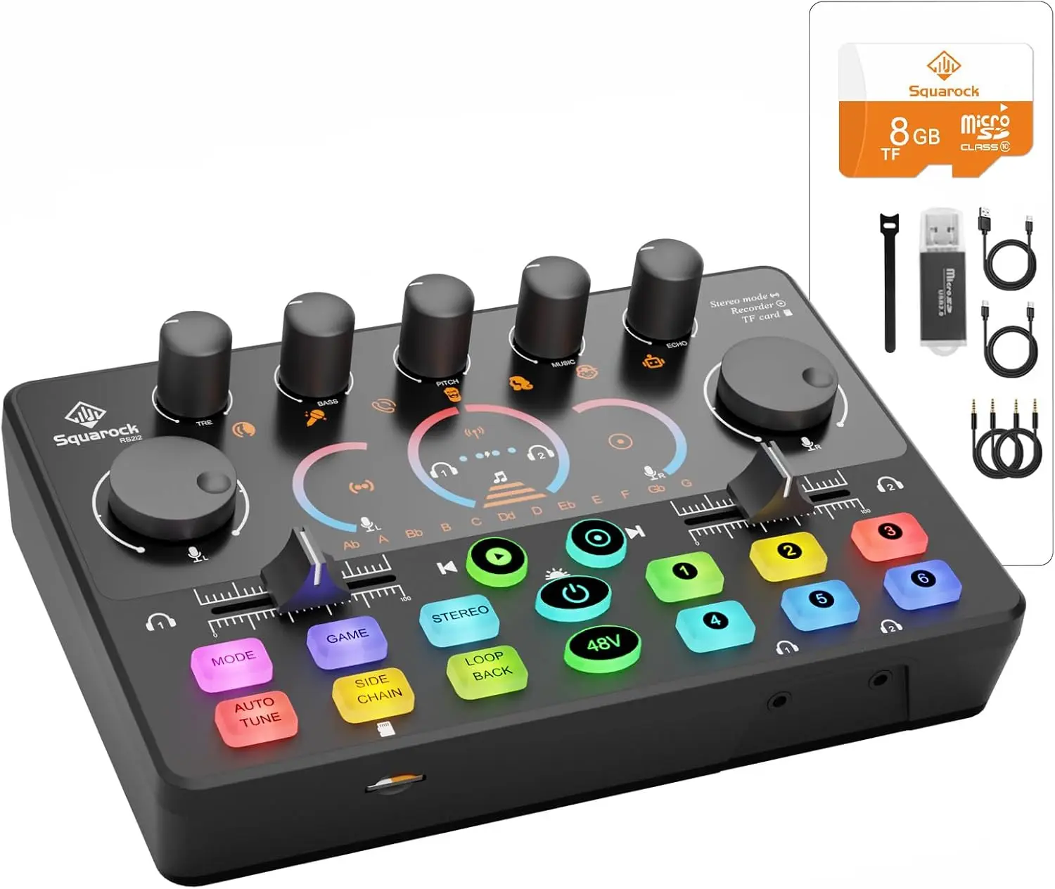 Squarock RS2i2 Audio Mixer USB Sound Board Live Sound Card with 8GB Memory Card