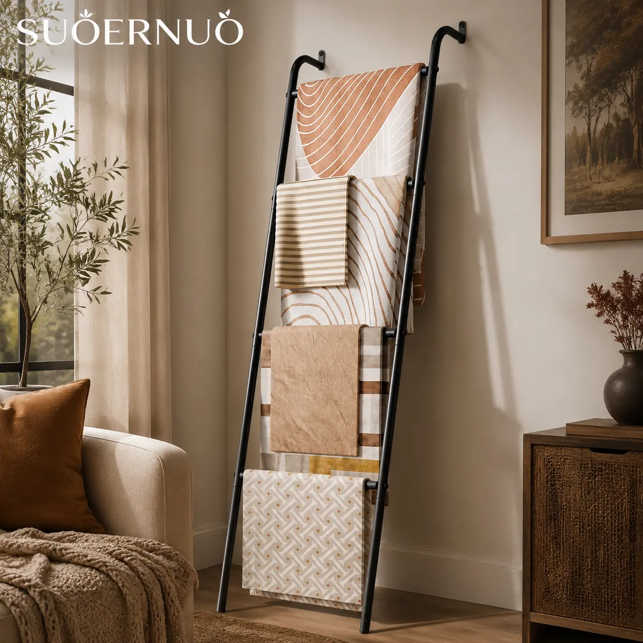SUOERNUO 4-Tier Wall-Leaning Metal Ladder Rack – Durable Space-Saving Towel & Blanket Organizer for Bathroom, Living Room, Bedroom
