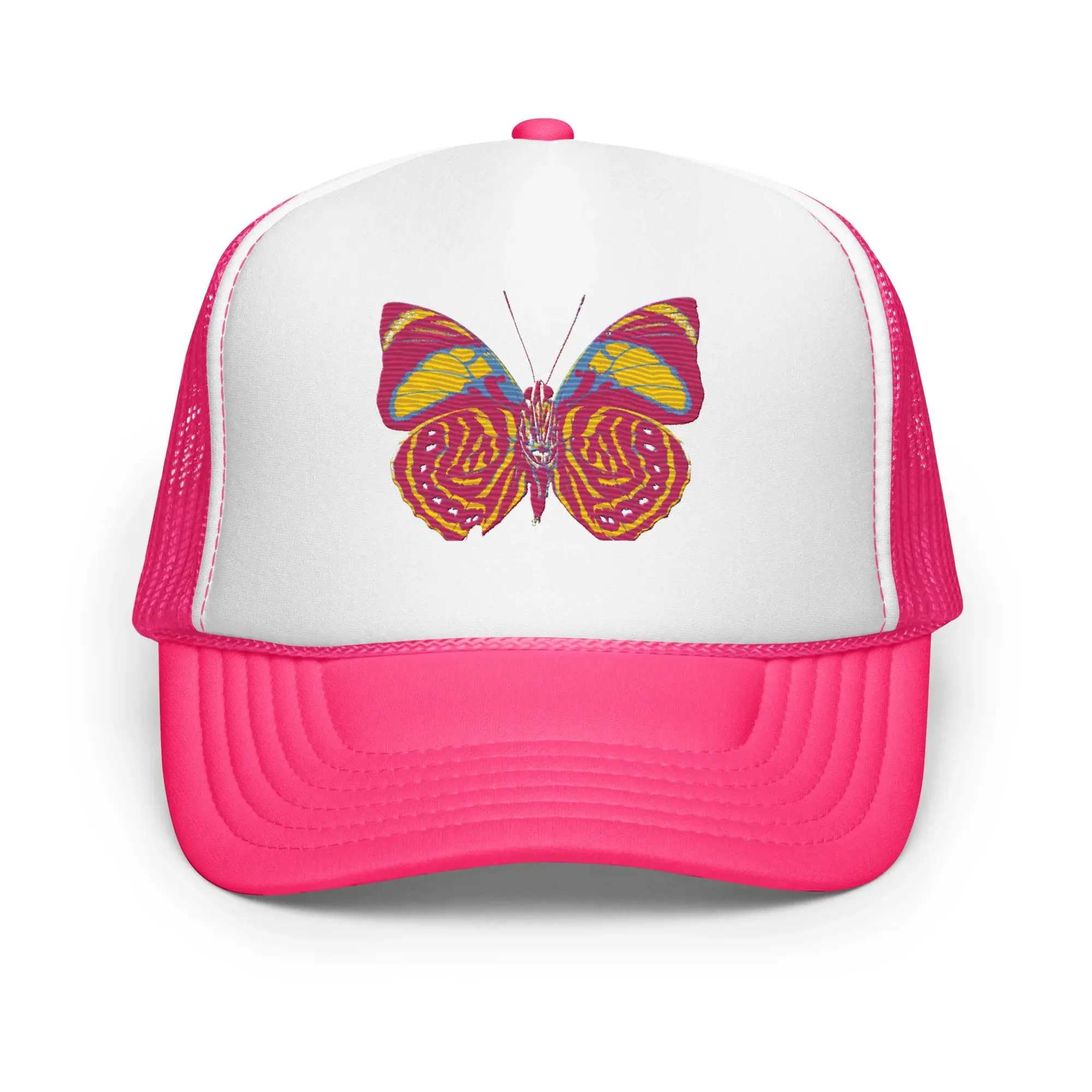 Pink Butterfly Trucker Hat - Thick Foam & Mesh 5-Panel Cap, Universal Unisex Fit with Adjustable Snap for Daily Wear, Casual Wear Clothing, Polyester Foam, High Profile, Baseball Cap, Extra Thick, Fashion, 8 Rows Of Stitching, Matching Color Braid, One Si