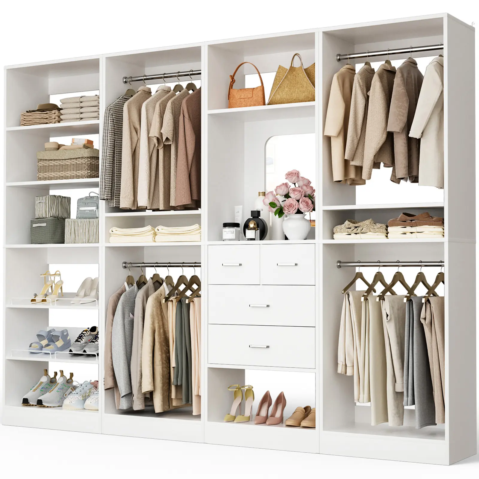 Unikito 100-Inch Modern Rectangular Stand-Alone Wardrobe - Wooden Closet Organizer System with Mirror, 4-Drawer Sorting, Shoe Cabinet, Garment Rack, Sleek and Practical Smooth Installation for Walk-in Closets