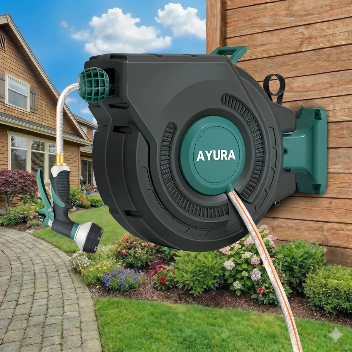 Heavy Duty Retractable Garden Hose Reel, Wall-Mounted Water Hose with Auto Rewind & Any-Length Lock, 180° Rotating Bracket, 8-Pattern Nozzle, 200 PSI Working Pressure for Brick, Wood, Concrete Yard Work, Stream, Retractable Hose Pipes, Pipe Fittings & Acc