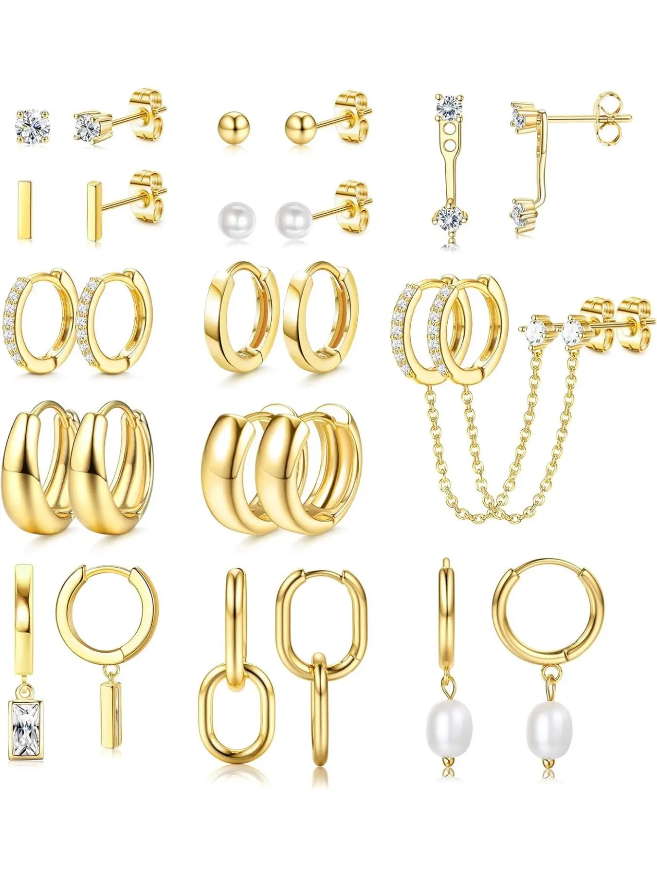 13 Pairs Small Hoop Earrings Set for Women, Gold-Plated Lightweight Hypoallergenic Huggie Hoops with Artificial Pearl Studs & Ear Cuffs, Dainty Trendy Jewelry, Earring Pack