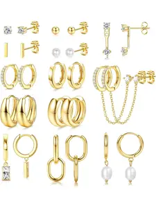 13 Pairs Small Hoop Earrings Set for Women, Gold Plated Lightweight Huggie Hoops, Hypoallergenic Pearl Dainty Studs Earcuff