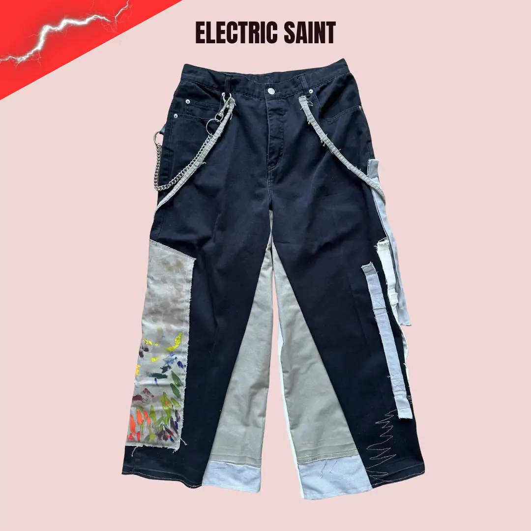 Upcycled Denim Pants – Hand Painted Patchwork with Chain Detail