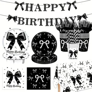 146 pieces of black bowknot birthday party Coquette decorations include black and white banners, paper plates, napkins, cups, tableware sets with tablecloths, suitable for 24 guests