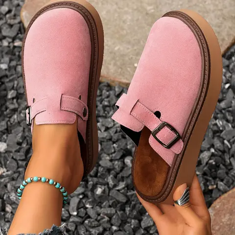 Women's Multi-Color Velvet Slip-On Shoes, Elegant Comfortable Large Size Single Button Design, Casual Fashion Slippers for Spring & Fall, Slip On Lightweight, Slip On Walking, Slip On Style