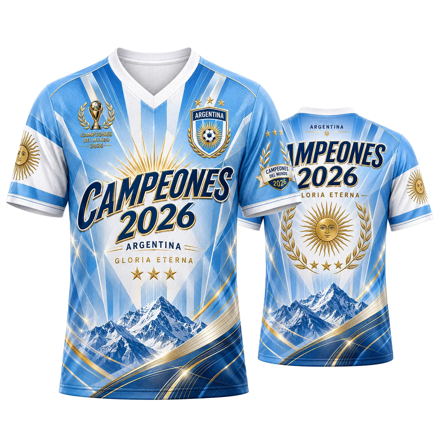 Argentina Inspired Campeones 2026 V-Neck Athletic Shirt, Men Women Short Sleeve Sky Blue White Gold Graphic Jersey, Sun Laurel Mountain Soccer Fan Top, Game Day, Size S-5XL