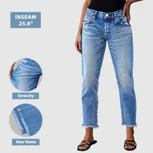 Flamingals Raw Hem Ripped Mid Waist Straight Leg Crop Jeans Womenswear Stretchy 25.6" Inseam