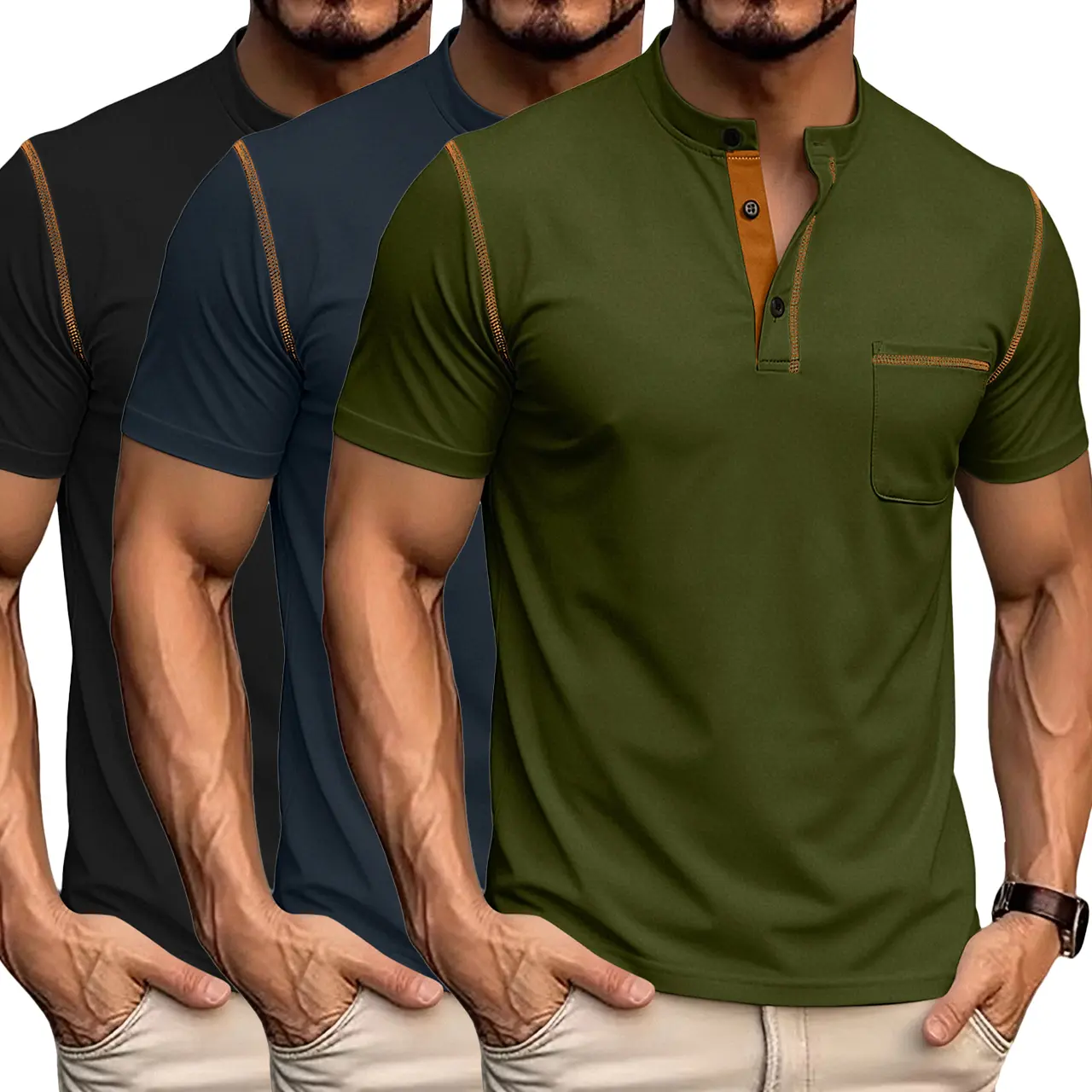 Men's Plain 3-Pack Henley Polo Shirts - Short-Sleeve Relaxed Soft Menswear Tops, Smart Casual Silhouette for Daily, Outdoor Wear