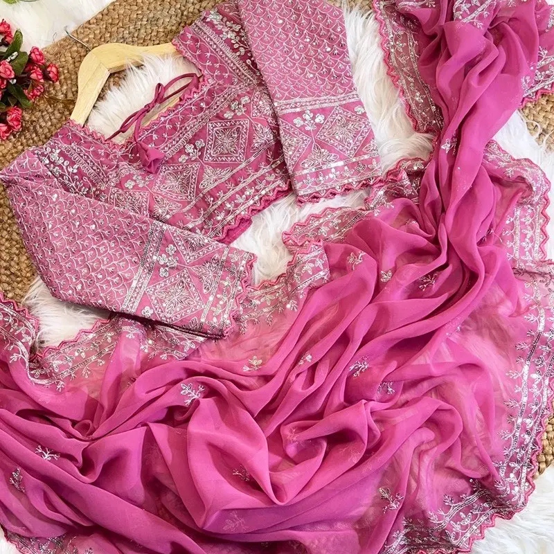 Georgette Saree with Ready Blouse - Pink Women's Wear Comfortable Top Shirts for Ladies - Womenswear