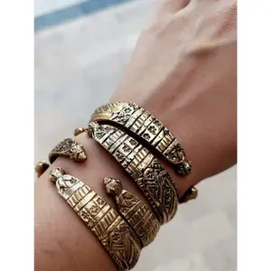 Hand Carved Gold Plated Bangle: Adjustable Tribal Cuff Bracelet
