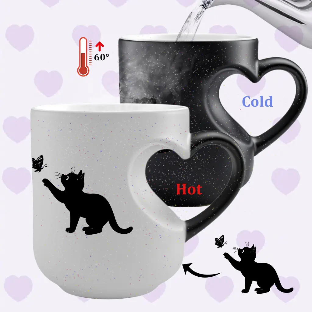 Black Cat & Butterfly Color-Changing Mug Magic Reveal Mug Thermosensitive Ceramic Mug, Starry Night Ceramic Mug, Heart Handle Mug, 11oz/325ml, Stylish Coffee Mugs, Weighted Mug, Coffee Cups, Christmas Gift for Friends