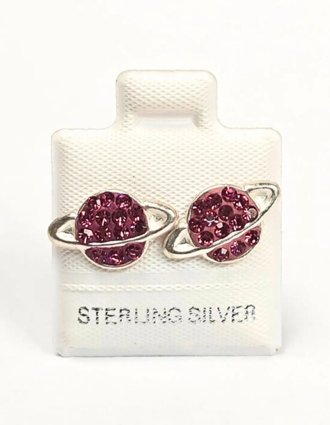 Saturn Planet CZ Pink Stud Earrings (8.5mm) - 925 Sterling Silver