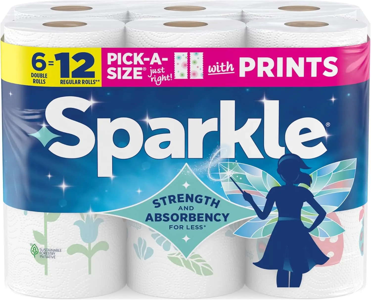 Sparkle 2-Ply Pick-A-Size Paper Towels, Spirited Print, Multi-Use Eco-Friendly Strong Wipes for Kitchen Supplies, Office, Study, 6 Double Rolls (660 Total Sheets), Household, Clean