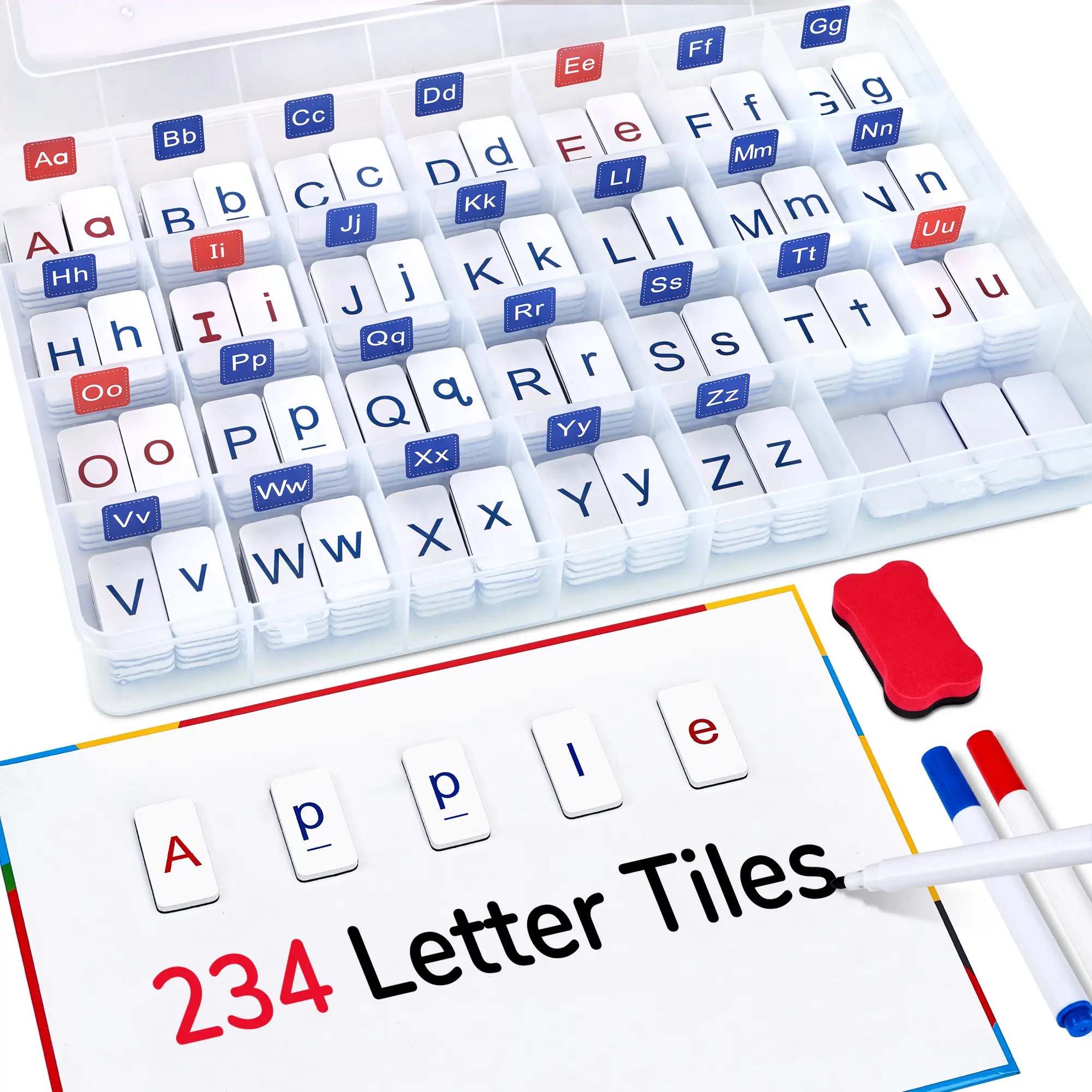 JoyCat Magnetic Letters Board Learning Set-LT1-W, 234 Foam Letter Tiles Language Toys, Double-Sided Magnet Dry Erase Board, Storage Case for Parents, CVC Practice Early Reading Memory Training Observation Ages 4+, Unisex