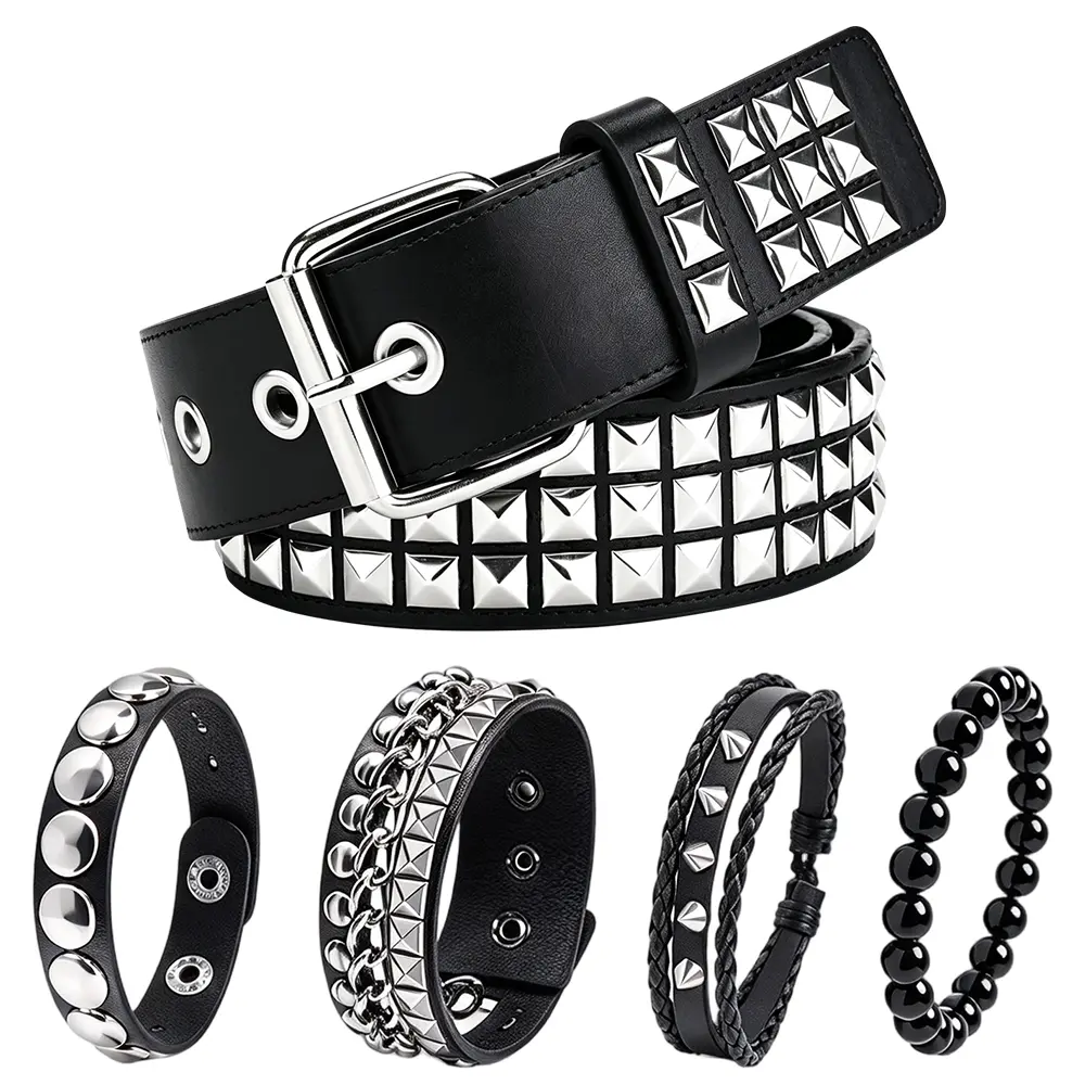 Unisex 5-Pcs Studded Punk Belt & Bracelet Set - Men's Accessories, Fashion Accessory for Daily Casual Wear