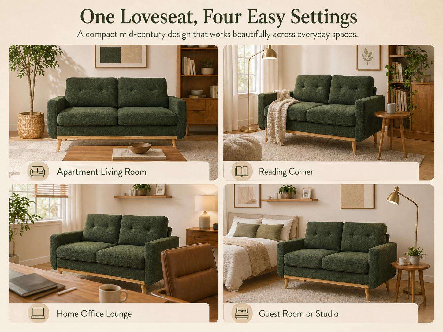 Loveseat Sofa Mid Century Modern Upholstered 2 Seat Couch with Wood Legs, Small Space Fabric Sofa for Living Room, Apartment, Bedroom, Office