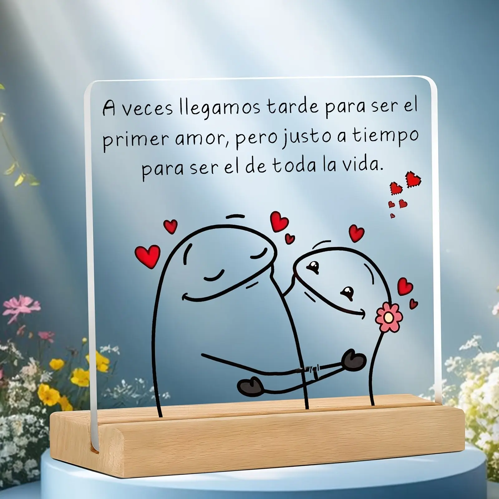 Romantic Spanish Love Couple Gift Set, Acrylic Signage Decorative Plaque Desktop Decoration with Wooden Base & Cartoon Figures, Perfect Anniversary & Valentine's Day Present