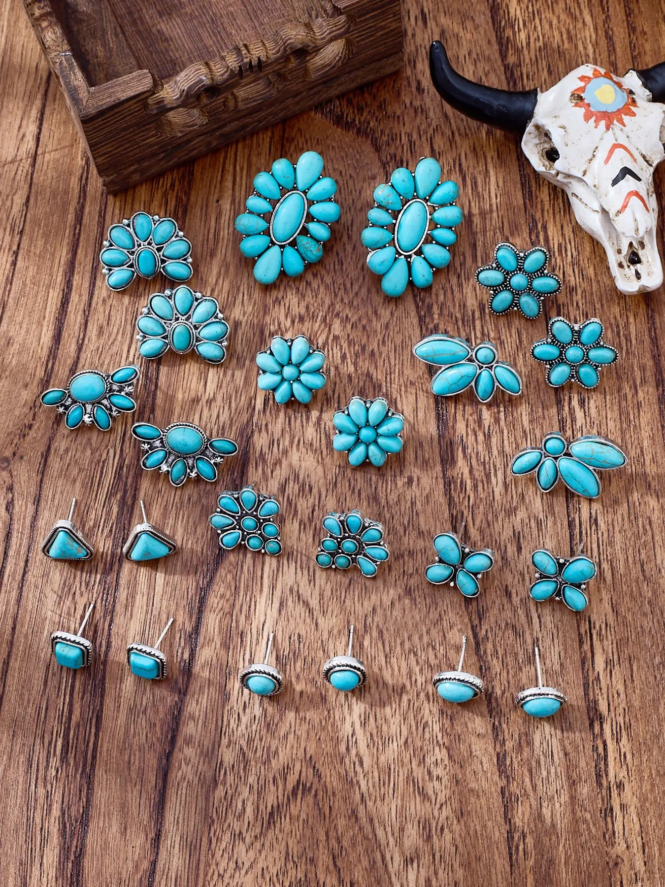 Vintage Bohemian Turquoise Earrings Set, Boho Earrings, Versatile Earrings, Ear Studs, Stud Earring Sets, Fashion Jewelry Accessories, Trendy Fashionable Accessories, Geometric Triangle Round Square Flower Shapes, Women's Gift, 12 Pairs