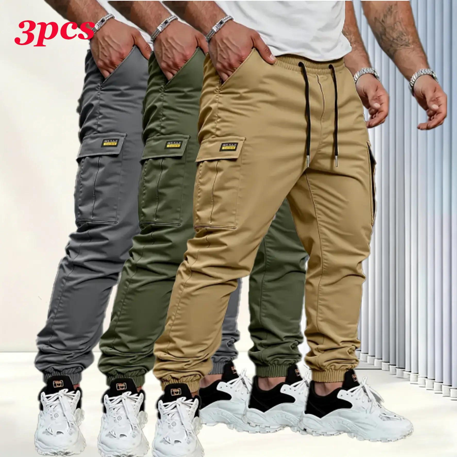 Men's 3-Pack Casual Cargo Joggers, Lightweight Stretch Athletic Pants with Multi-Pockets, Tapered Elastic Waist for Workout & Streetwear, Casual Comfy Joggers, Elastic Waist Joggers